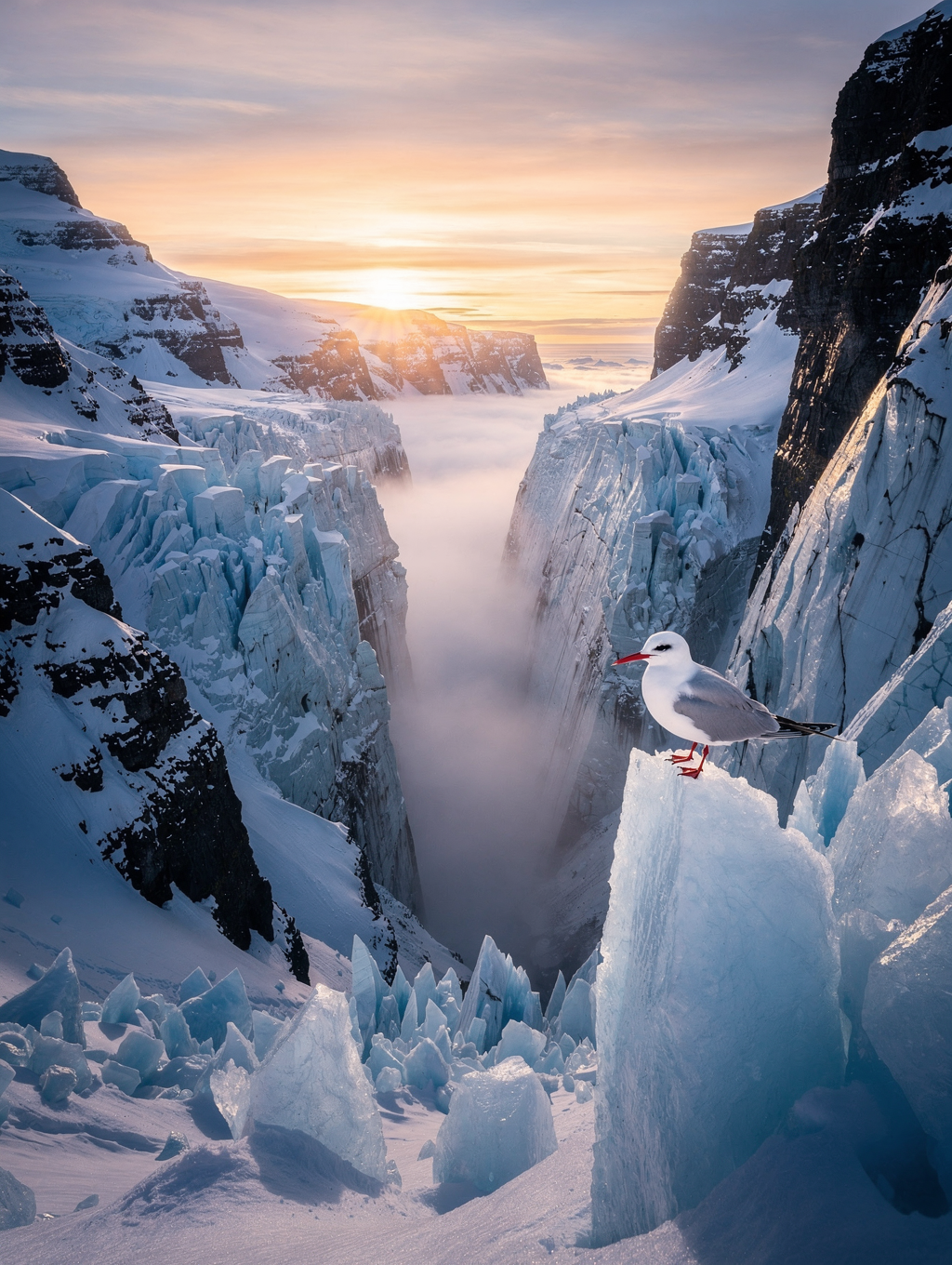 Jagged glacial peaks under dramatic polar light