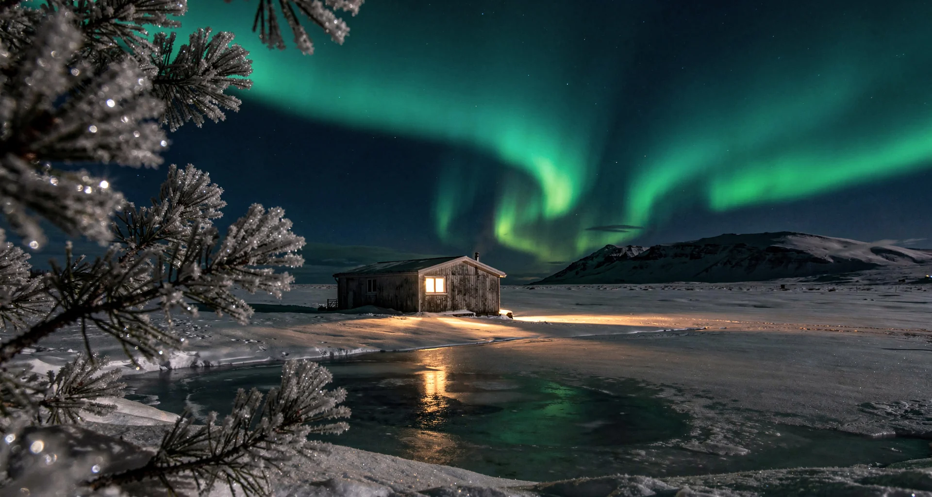 Volcanic basalt formations beneath auroral glow in Iceland highlands