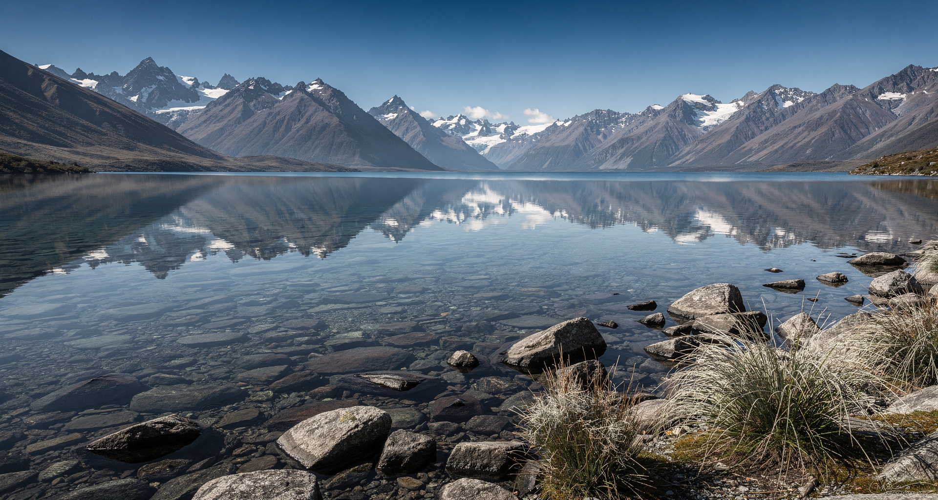 Braided alpine river flowing through mountain ranges in New Zealand