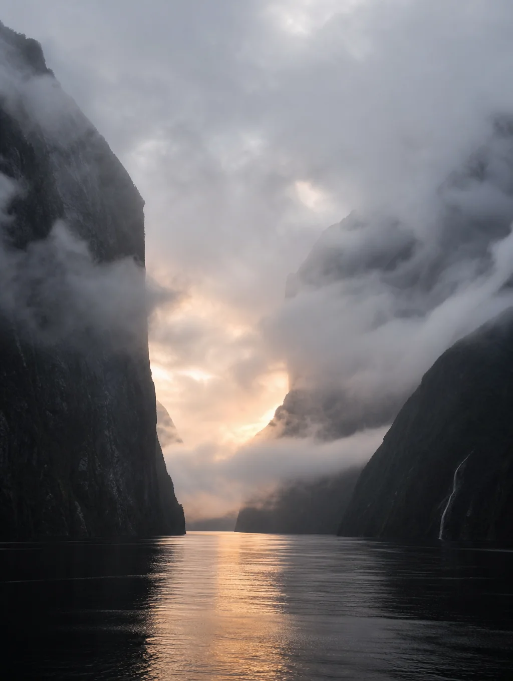 Low hanging mist over deep fjord waters and cliffs